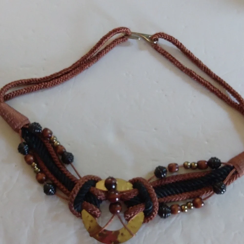 Women's Brown Cord Gold EMBLEM Beads Dress Belt Boho Neutral Sz. S/M
